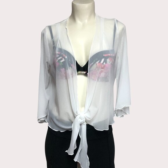 Creations White Sheer Mesh Long Sleeve Tie Front Cover Up Size Small (fits big) - Picture 1 of 10